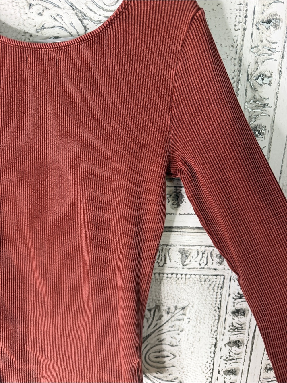 Women's Long-Sleeve Crochet-Trim Ribbed Top - Rust - Picture 5 of 5
